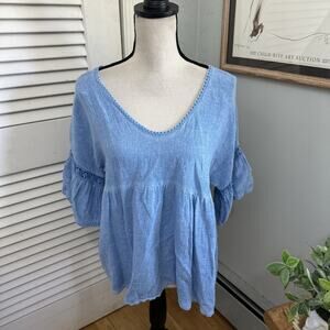 Nais Top Womens Large Blue Cotton Linen Babydoll Coastal Lagenlook Euro Summer*